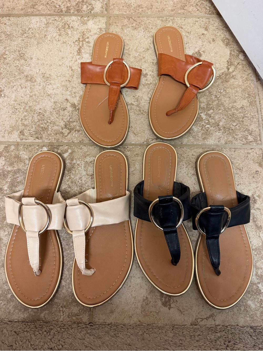 Liz Claiborne Ring-Accent Thong Sandals — Tan, Cream, Black, Cognac
